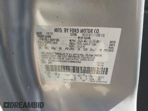 2012 Ford Escape Limited with VIN 1FMCU0EG5CKB66252, listed as a IAAI auction lot 41840420 with 178,215 mi miles. Bid and sale history available at carsss.com. Image 9.