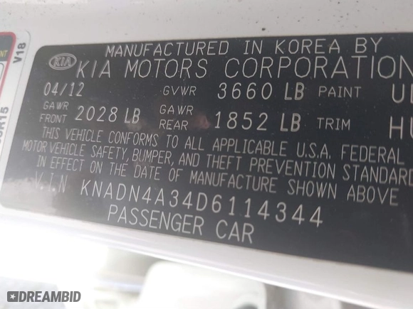 2013 Kia Rio SX with VIN KNADN4A34D6114344, listed as a IAAI auction lot 41797503 with 46,941 mi miles. Bid and sale history available at carsss.com. Image 9.