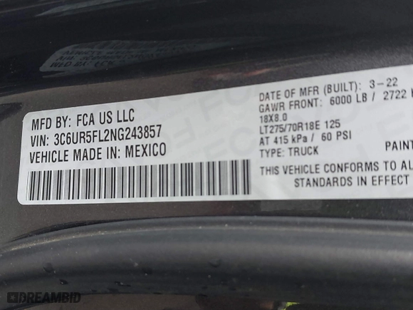 2022 Ram 2500 Laramie with VIN 3C6UR5FL2NG243857, listed as a IAAI auction lot 41736144 with 58,474 mi miles. Bid and sale history available at carsss.com. Image 9.