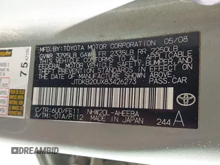 2008 Toyota Prius with VIN JTDKB20UX83426273, listed as a IAAI auction lot 42316082 with 199,927 mi miles and . Bid and sale history available at DreamBid. Image 9.