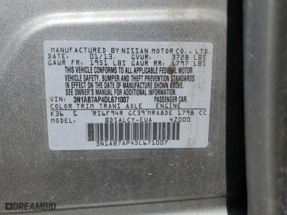 2013 Nissan Sentra SV with VIN 3N1AB7AP4DL671007, listed as a Copart auction lot 52369225 with 104,613 mi miles and Salvage Title. Bid and sale history available at carsss.com. Image 12.