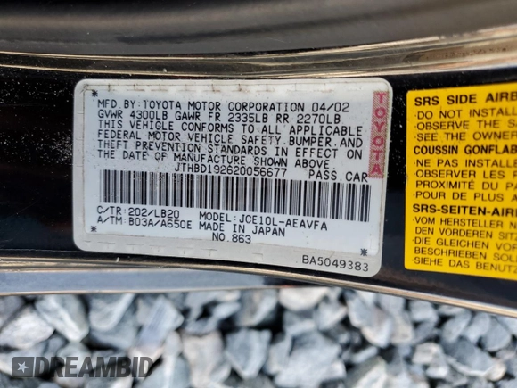 2002 Lexus IS 300/350 z VIN JTHBD192620056677, wystawiony jako Copart lot #53904915 z przebiegiem 174 517 mil mil oraz Szkoda całkowita • Salvage title. Historia ofert i sprzedaży dostępna na DreamBid. Obrazek 12.