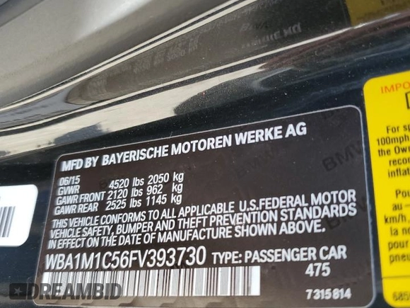 2015 BMW 2 Series M235i with VIN WBA1M1C56FV393730, listed as a Copart auction lot 45348734 with 59,231 mi miles and Salvage title. Bid and sale history available at DreamBid. Image 12.