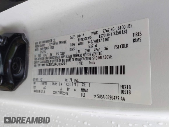 2018 Ford F-150 XL with VIN 1FTMF1CBXJKC83791, listed as a IAAI auction lot 41796119 with 196,611 mi miles. Bid and sale history available at carsss.com. Image 9.