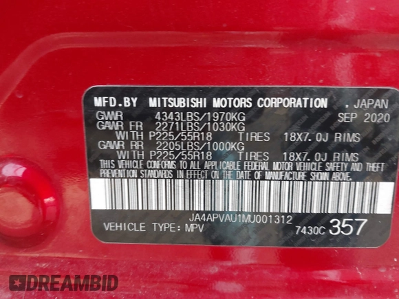 2021 Mitsubishi Outlander Sport SE with VIN JA4APVAU1MU001312, listed as a IAAI auction lot 41200173 with 93,416 mi miles. Bid and sale history available at carsss.com. Image 9.