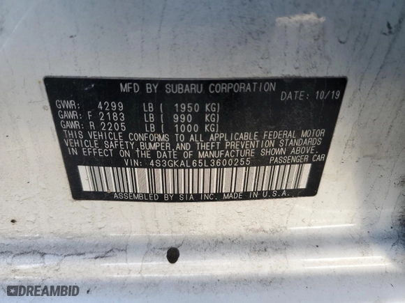 2020 Subaru Impreza Sport with VIN 4S3GKAL65L3600255, listed as a Copart auction lot 87732425 with 0 mi miles and Non Repairable. Bid and sale history available at carsss.com. Image 13.