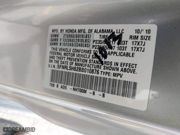 2011 Honda Odyssey EX-L with VIN 5FNRL5H62BB010876, listed as a IAAI auction lot 41981812 with 195,734 mi miles. Bid and sale history available at carsss.com. Image 9.