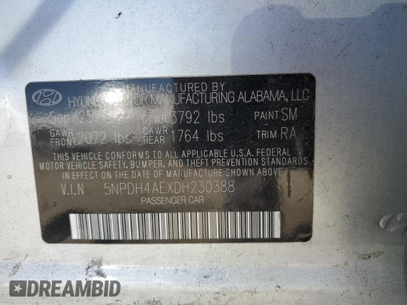 2013 Hyundai Elantra Limited z VIN 5NPDH4AEXDH230388, wystawiony jako Copart lot #53696715 z przebiegiem Nie podano mil oraz Szkoda całkowita • Salvage title. Historia ofert i sprzedaży dostępna na DreamBid. Obrazek 12.