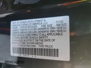 2023 Honda Ridgeline Black Edition with VIN 5FPYK3F81PB012950, listed as a Copart auction lot 48932835 with 26,269 mi miles and Salvage title. Bid and sale history available at DreamBid. Image 12.