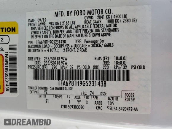 2016 Ford Mustang EcoBoost with VIN 1FA6P8TH9G5231438, listed as a Copart auction lot 51480965 with 58,584 mi miles and Salvage Title. Bid and sale history available at DreamBid. Image 15.