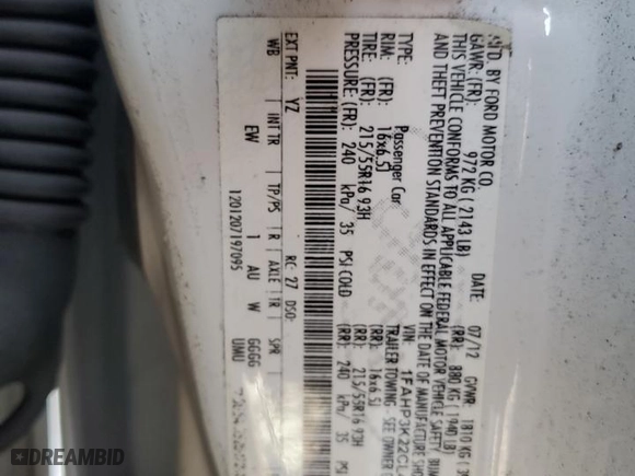 2012 Ford Focus SE with VIN 1FAHP3K22CL470778, listed as a Copart auction lot 62910014 with 205,927 mi miles and Salvage Title. Bid and sale history available at carsss.com. Image 12.