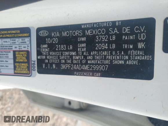2021 Kia Forte LXS with VIN 3KPF24AD4ME299907, listed as a Copart auction lot 59294975 with 59,488 mi miles and Salvage title. Bid and sale history available at DreamBid. Image 13.