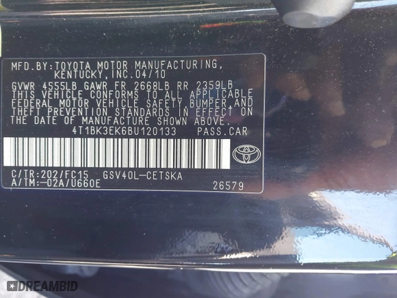 2011 Toyota Camry LE with VIN 4T1BK3EK6BU120133, listed as a IAAI auction lot 41942854 with 179,430 mi miles. Bid and sale history available at carsss.com. Image 9.