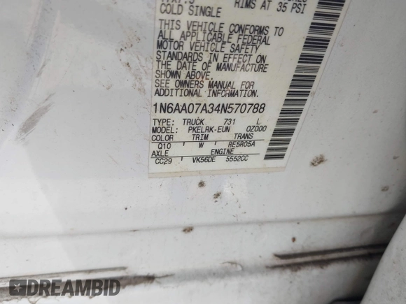 2004 Nissan Titan LE with VIN 1N6AA07A34N570788, listed as a IAAI auction lot 41823592 with 228,344 mi miles and . Bid and sale history available at DreamBid. Image 9.