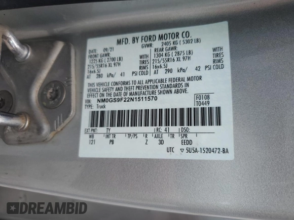 2022 Ford Transit Connect XLT with VIN NM0GS9F22N1511570, listed as a Copart auction lot 61729495 with 52,538 mi miles and Clean title. Bid and sale history available at DreamBid. Image 12.