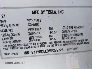 2021 Tesla Model Y Long Range with VIN 5YJYGDEE9MF239726, listed as a IAAI auction lot 41952158 with 37,088 mi miles and . Bid and sale history available at DreamBid. Image 9.
