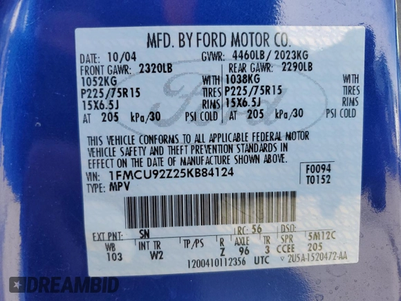 2005 Ford Escape XLS with VIN 1FMCU92Z25KB84124, listed as a Copart auction lot 49141705 with Not provided miles and Salvage title. Bid and sale history available at DreamBid. Image 13.