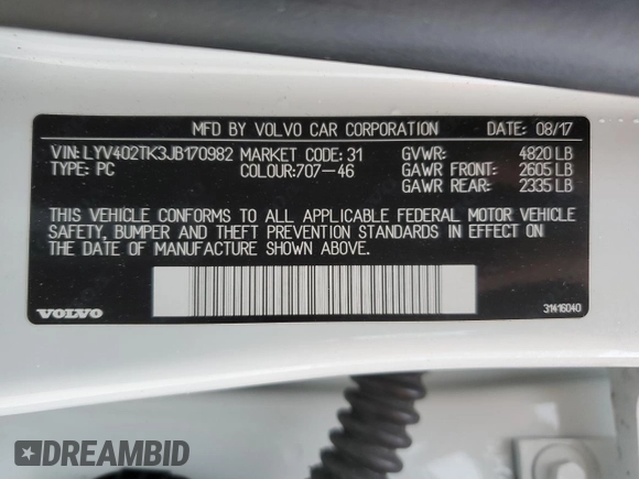 2018 Volvo S60 Inscription with VIN LYV402TK3JB170982, listed as a Copart auction lot 85951924 with 32,164 mi miles and Non repairable. Bid and sale history available at DreamBid. Image 13.
