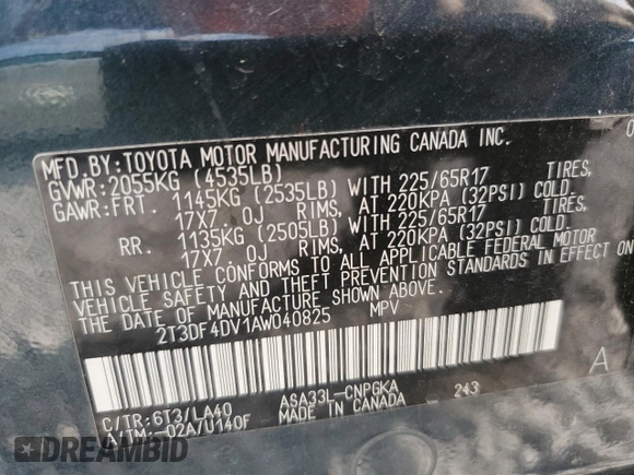 2010 Toyota RAV4 Limited with VIN 2T3DF4DV1AW040825, listed as a Copart auction lot 59235115 with 231,338 mi miles and Salvage title. Bid and sale history available at DreamBid. Image 13.