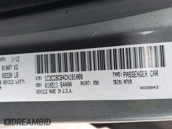 2012 Chrysler 200 Limited with VIN 1C3CCBCB4CN191088, listed as a IAAI auction lot 41629577 with 187,331 mi miles. Bid and sale history available at carsss.com. Image 9.