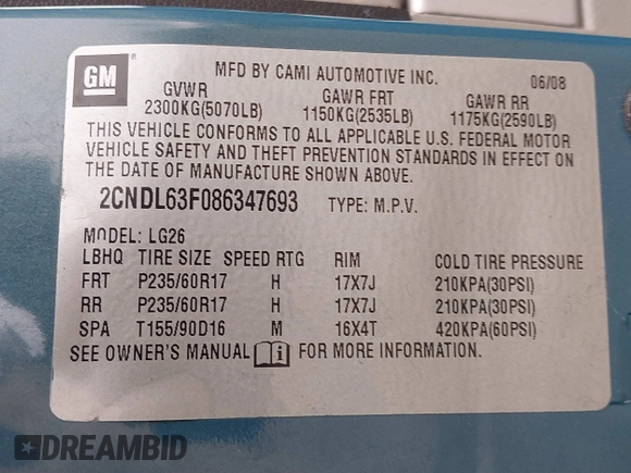 2008 Chevrolet Equinox LT with VIN 2CNDL63F086347693, listed as a IAAI auction lot 41909736 with 140,824 mi miles. Bid and sale history available at carsss.com. Image 9.