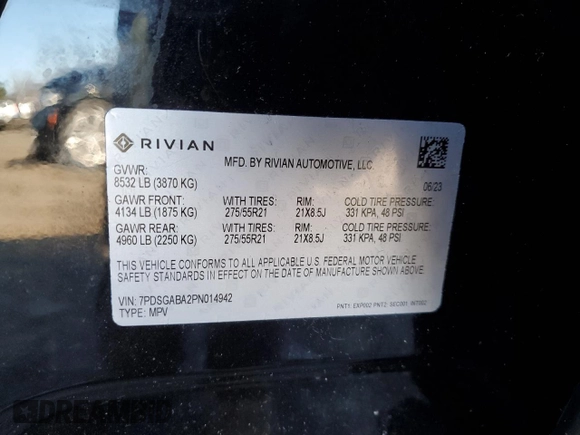 2023 Rivian R1S Adventure with VIN 7PDSGABA2PN014942, listed as a Copart auction lot 88597535 with 0 mi miles and Salvage Title. Bid and sale history available at carsss.com. Image 14.