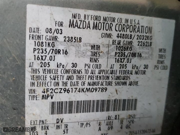 2004 Mazda Tribute ES with VIN 4F2CZ96174KM09789, listed as a Copart auction lot 48874035 with 312,510 mi miles and Salvage Title. Bid and sale history available at carsss.com. Image 13.