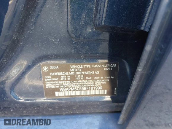 2011 BMW 3 Series 335i with VIN WBAPM5C55BF181990, listed as a IAAI auction lot 41169387 with 1 mi miles. Bid and sale history available at carsss.com. Image 9.