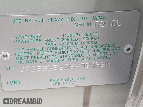 2006 Subaru Forester X z VIN JF1SG63606H754636, wystawiony jako IAAI lot #42545070 z przebiegiem 194 375 mil mil oraz . Historia ofert i sprzedaży dostępna na DreamBid. Obrazek 9.