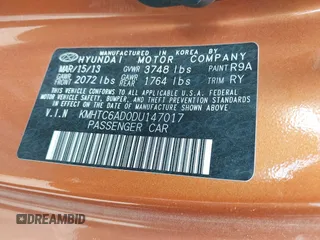 2013 Hyundai Veloster w/Black Int with VIN KMHTC6AD0DU147017, listed as a IAAI auction lot 42707858 with 115,130 mi miles and . Bid and sale history available at DreamBid. Image 9.