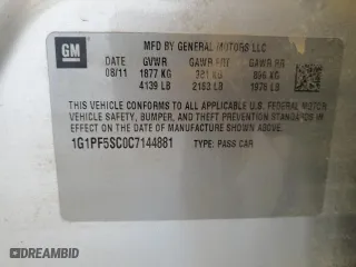 2012 Chevrolet Cruze LT w/1LT with VIN 1G1PF5SC0C7144881, listed as a Copart auction lot 46998075 with 0 mi miles and Salvage Title. Bid and sale history available at carsss.com. Image 12.