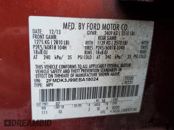2014 Ford Edge SEL with VIN 2FMDK3J99EBA18024, listed as a Copart auction lot 50928245 with 178,841 mi miles and Salvage Title. Bid and sale history available at carsss.com. Image 13.