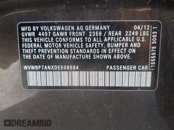 2013 Volkswagen CC Sport Plus с VIN WVWBP7ANXDE506564, выставлен на аукционе IAAI как лот 42312546 с пробегом 217 136 миль миль и . История ставок и продаж доступна на DreamBid. Изображение 9.
