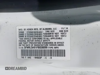 2015 Honda Odyssey Touring Elite with VIN 5FNRL5H91FB038099, listed as a IAAI auction lot 41829649 with 167,017 mi miles and . Bid and sale history available at DreamBid. Image 9.