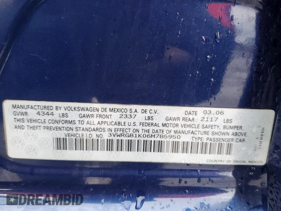 2006 Volkswagen Jetta z VIN 3VWRG81K06M785950, wystawiony jako Copart lot #87218214 z przebiegiem 129 955 mil mil oraz Szkoda całkowita • Salvage title. Historia ofert i sprzedaży dostępna na DreamBid. Obrazek 12.