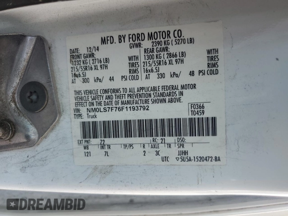 2015 Ford Transit Connect XLT with VIN NM0LS7F76F1193792, listed as a Copart auction lot 60272515 with 229,105 mi miles and Salvage title. Bid and sale history available at DreamBid. Image 13.