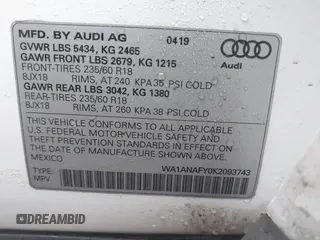 2019 Audi Q5 Premium with VIN WA1ANAFY0K2093743, listed as a IAAI auction lot 41443852 with 63,874 mi miles. Bid and sale history available at carsss.com. Image 9.
