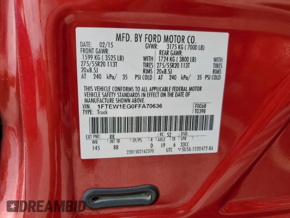 2015 Ford F-150 XLT с VIN 1FTEW1EG0FFA70636, выставлен на аукционе Copart как лот 57271915 с пробегом 190 440 миль миль и Списание • Salvage title. История ставок и продаж доступна на DreamBid. Изображение 12.