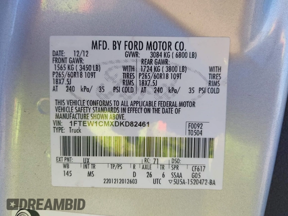 2013 Ford F-150 XL with VIN 1FTEW1CMXDKD82461, listed as a IAAI auction lot 42325049 with 145,298 mi miles and . Bid and sale history available at DreamBid. Image 9.