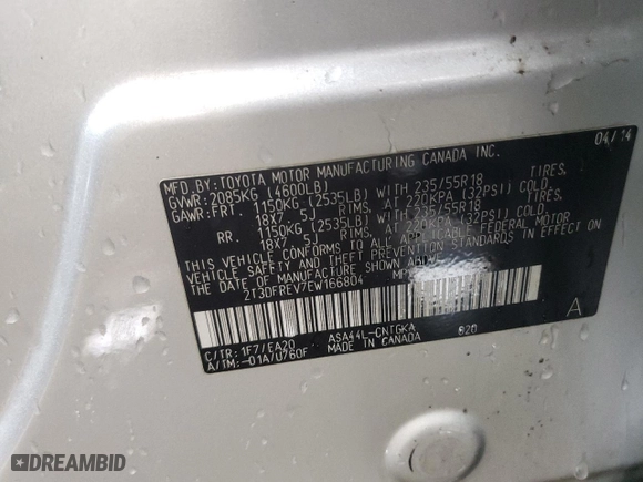 2014 Toyota RAV4 Limited with VIN 2T3DFREV7EW166804, listed as a Copart auction lot 48807885 with 119,168 mi miles and Salvage Title. Bid and sale history available at carsss.com. Image 12.