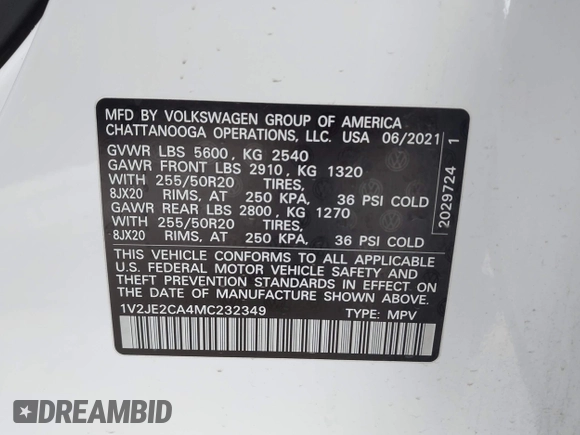 2021 Volkswagen Atlas SE with VIN 1V2JE2CA4MC232349, listed as a IAAI auction lot 42315381 with 32,755 mi miles and . Bid and sale history available at DreamBid. Image 9.