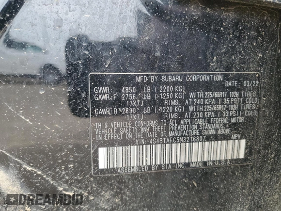 2022 Subaru Outback Premium with VIN 4S4BTAFC5N3216807, listed as a Copart auction lot 58378675 with 79,262 mi miles and Clean title. Bid and sale history available at DreamBid. Image 13.