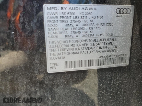 2015 Audi Q7 Premium Plus with VIN WA1LGAFE7FD005306, listed as a Copart auction lot 56751455 with 103,688 mi miles and Clean Title. Bid and sale history available at DreamBid. Image 13.