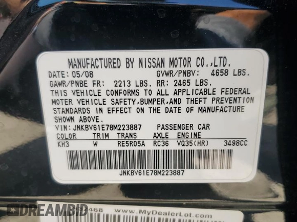 2008 Infiniti G35 with VIN JNKBV61E78M223887, listed as a Copart auction lot 76170064 with 104,984 mi miles and Non Repairable. Bid and sale history available at DreamBid. Image 13.