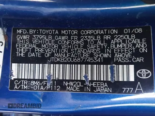 2008 Toyota Prius with VIN JTDKB20U687745341, listed as a IAAI auction lot 40722163 with Not Provided miles. Bid and sale history available at carsss.com. Image 9.