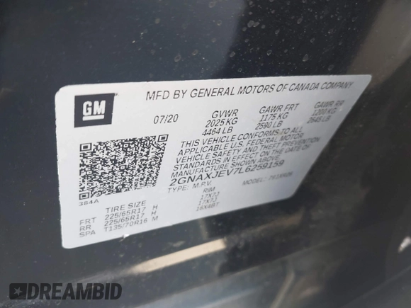 2020 Chevrolet Equinox LT with VIN 2GNAXJEV7L6259159, listed as a IAAI auction lot 42439744 with 90,670 mi miles and . Bid and sale history available at DreamBid. Image 9.