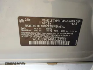 2017 BMW 3 Series 330i with VIN WBA8B9G34HNU52336, listed as a IAAI auction lot 41626509 with 79,786 mi miles. Bid and sale history available at carsss.com. Image 9.