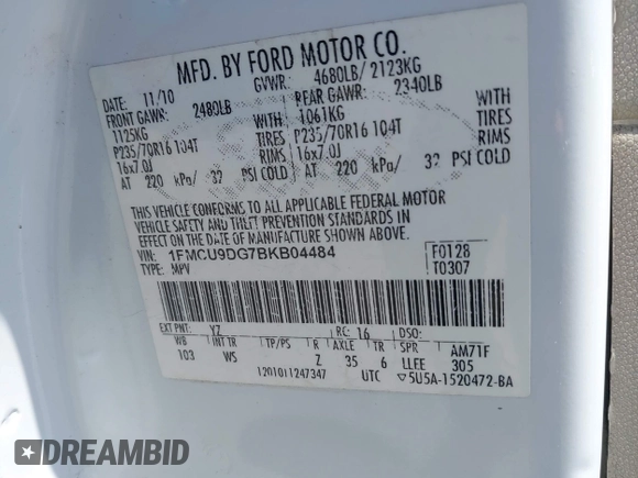 2011 Ford Escape XLT с VIN 1FMCU9DG7BKB04484, выставлен на аукционе IAAI как лот 42644034 с пробегом 193 578 миль миль и . История ставок и продаж доступна на DreamBid. Изображение 9.