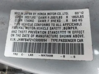 2012 Honda Civic Hybrid with VIN JHMFB4F21CS008894, listed as a IAAI auction lot 41901579 with 336,630 mi miles. Bid and sale history available at carsss.com. Image 9.
