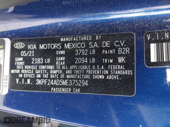 2021 Kia Forte LXS z VIN 3KPF24AD5ME375294, wystawiony jako IAAI lot #42152040 z przebiegiem 56 611 mil mil oraz . Historia ofert i sprzedaży dostępna na DreamBid. Obrazek 9.